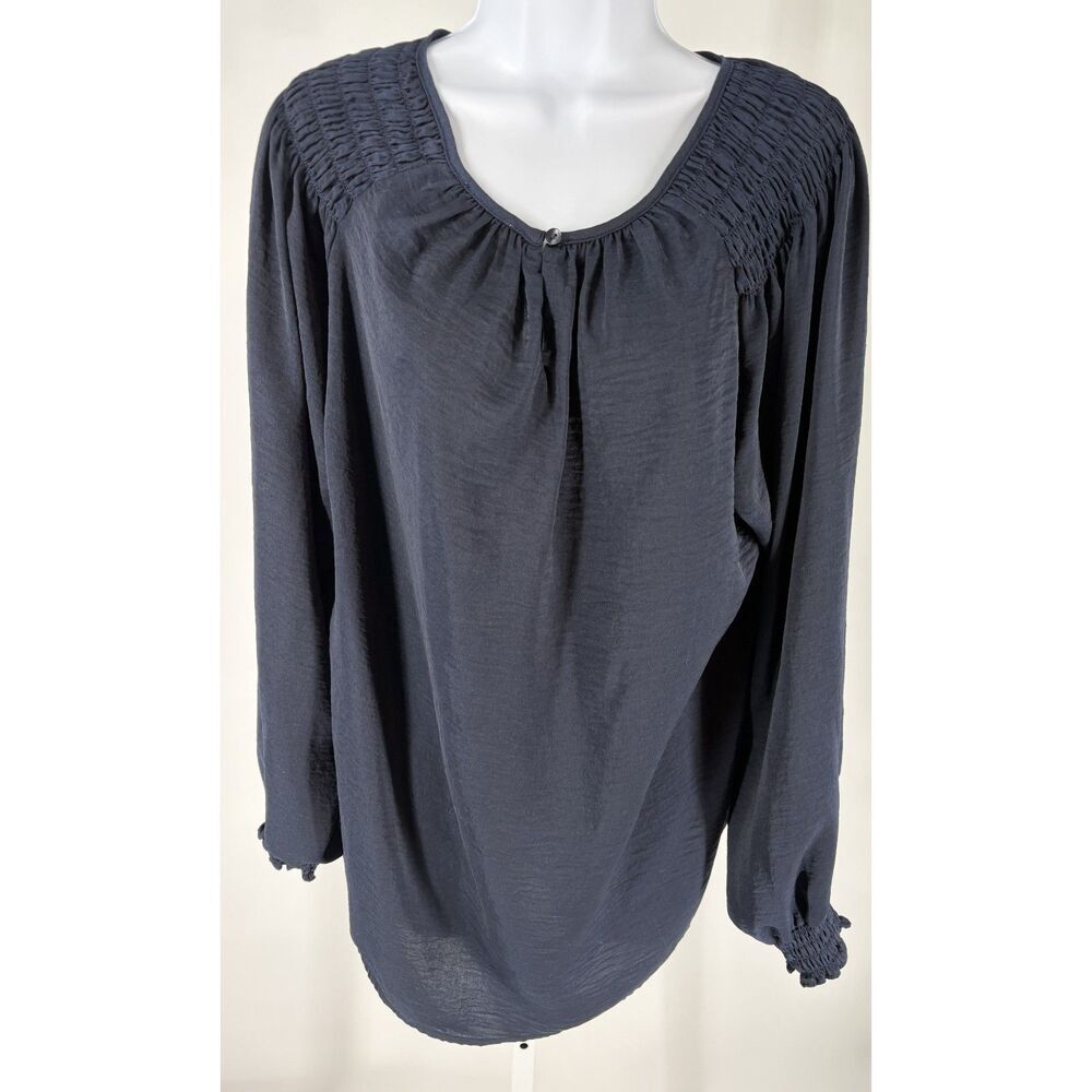 Navy Blue Smocked Peasant Blouse | Long Sleeve Boho Tunic Top